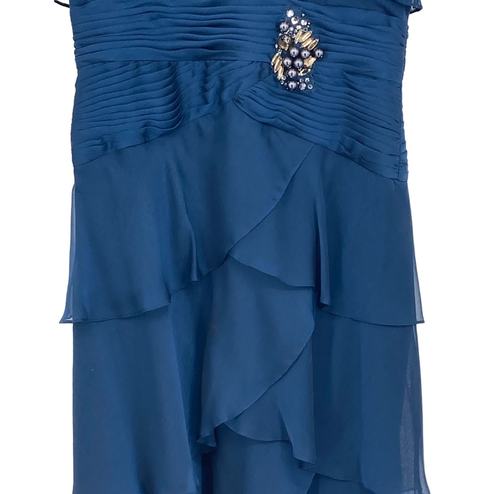 *Adrianna Papell Occ 6 Teal chiffon Ruffled Gown Flutter Sleeves Beaded Detail - Picture 5 of 12